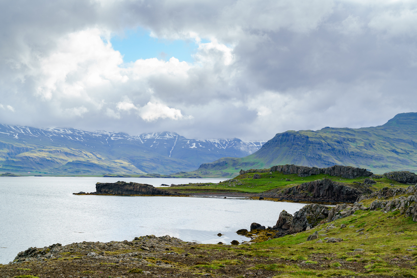 View of fjord and rain clouds in the north Iceland