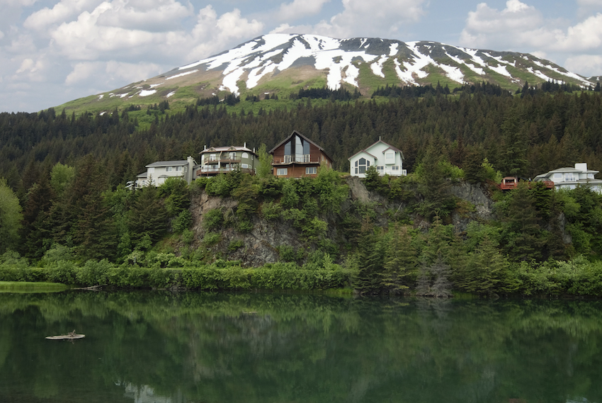 Cliffside lodges / wooden houses on Cliff View Place Looking Over The Lagoon Seward Kenai Peninsula Borough Alaska USA